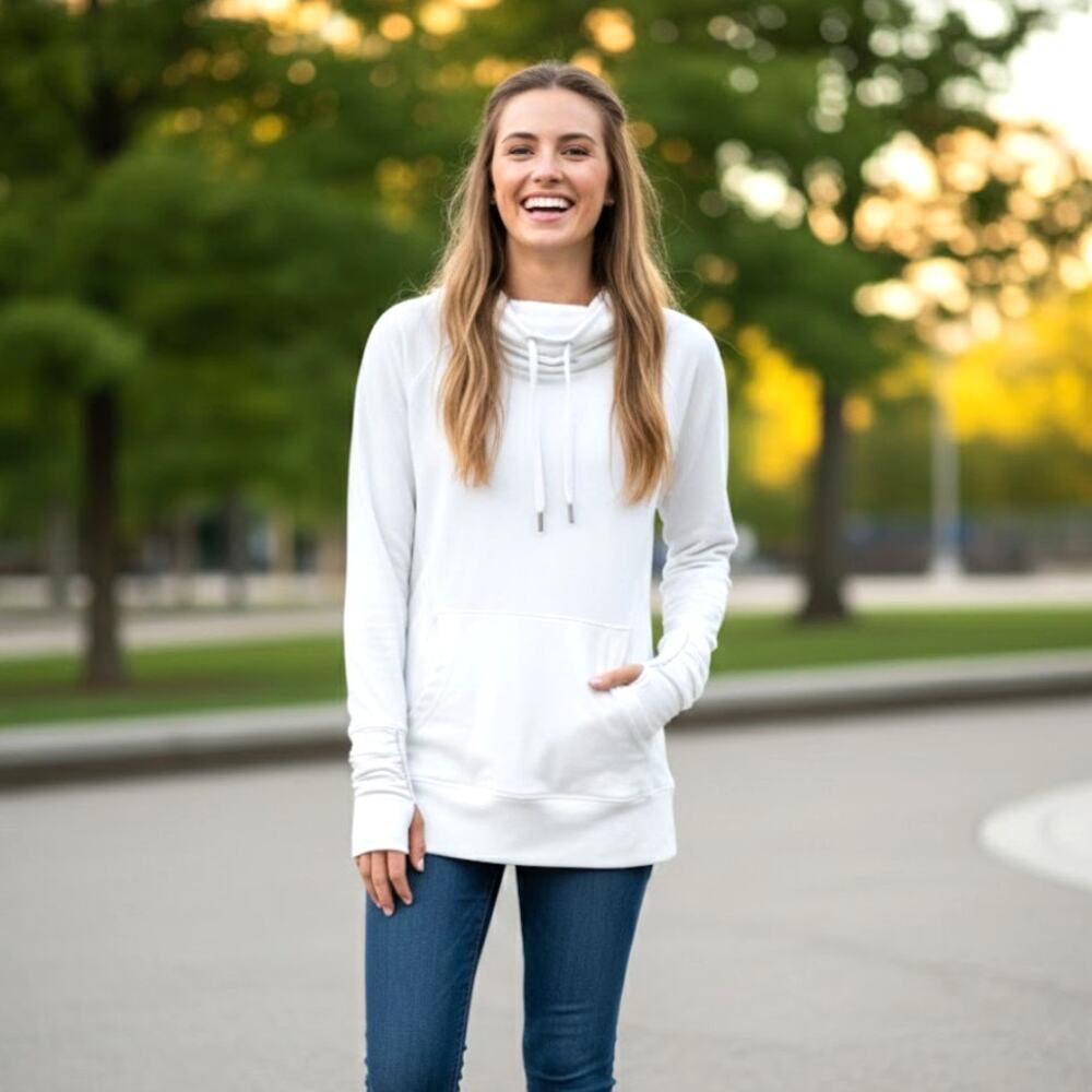 Lululemon Run Ambition Pullover Hoodie White Ponytail Hood Womens 6 Thumb Holes